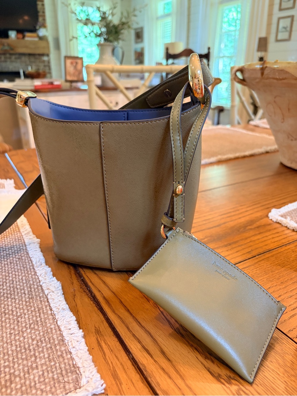 KATE SPADE NWOT HALO LEATHER MINI BUCKET BAG DRIED THYME + MATCHING WALLET